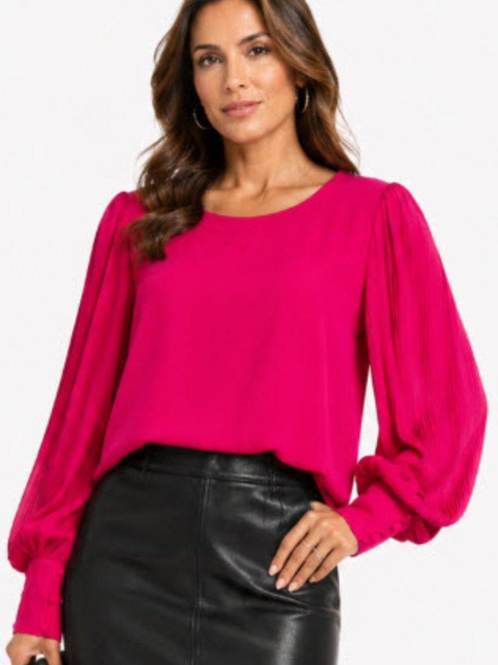 Anthropologie Hot Pink Pleated Sleeve Blouse Satin Relaxed Top Large